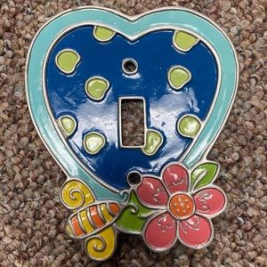 Painted metal heart switch plate with flower & bumblebee.